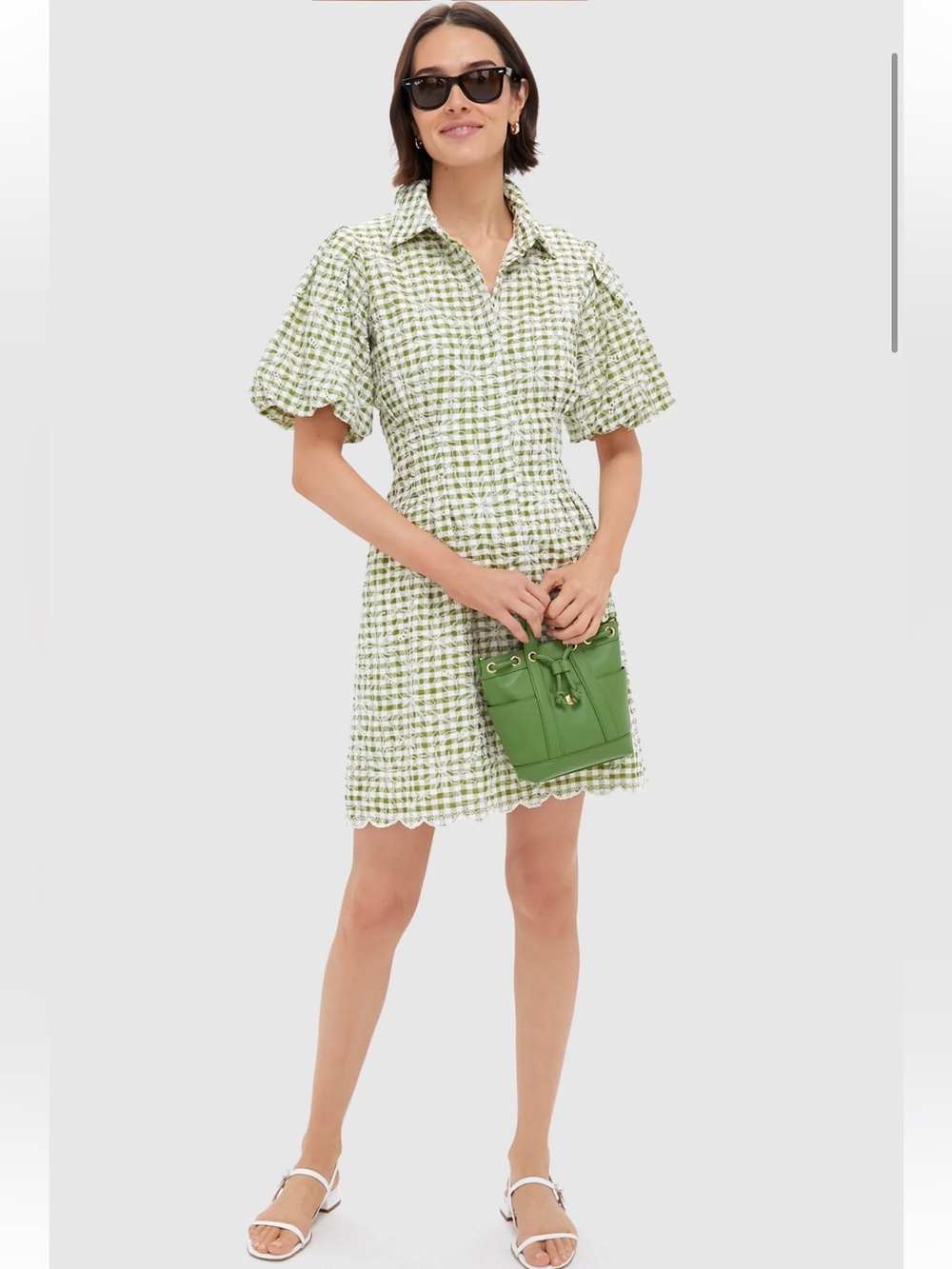 Tuckernuck Embroidered Floral Green Gingham Mini Delaney Dress Size Medium - Picture 2 of 8